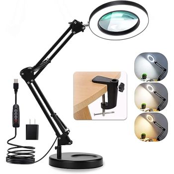 Flexible Clamp-on Table Lamp with 8x Magnifier Glass Swing Arm Dimmable Illuminated Magnifier LEDs Desk Light 3 Color Modes Lamp Illuminate Your World