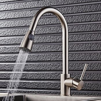 Kitchen Faucet,Minimalisht Style Brass Nickel Brushed Pull-out Tall High Arc Vessel Fashion Nickel Brushed Rotatable Contemporary Kitchen Taps with Hot and Cold Switch Pull Down Kitchen Faucets