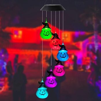 1pc Solar Outdoor Halloween Black Hat Pumpkin Wind Chime Lights, Solar Power Supply Discoloration Garden Theme Party Haunted Party Garden Courtyard Outdoor Bar Halloween Decorations