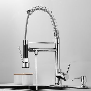 Kitchen Faucet with Pullout Spray and Soap Dispenser Sets Single Handle Two Holes Pull Out/Rotatable/Multifunction Standard Spout, Brass Tall-High Arc Deck Mounted Kitchen Faucet Pull Down Kitchen Faucets