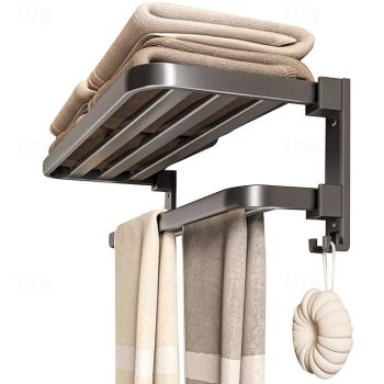 1pc Towel Rack For Bathroom, Folding Multi-layer Towel Bar, Wall Mounted Towel Holder, Bathroom Towel Hanger With Hook, Bathroom Storage And Organization, Bathroom Accessories Bath Hardware