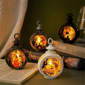 Vintage Halloween Decoration Lantern Electronic Candle Light Lighted Ghost Night Light, LED Light Up Pumpkin Light Ghost Festival Creative Decoration Props Hand-Held Small Oil Lamp 1pc