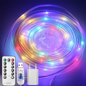 10M 100 LEDs Waterproof String Lights with Remote Control, RGB & Warm White Configurable Plugs, USB Powered Party Night Light for Christmas Decorations