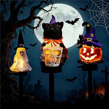 Solar Halloween Stake Light Waterproof Skull Pathway Light Black Cat Decoration Solar Powered Landscape Lighting For Garden  1PC