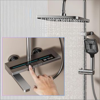 Modern Aluminum Alloy Digital Display Shower System - Piano Key Controls, Rainfall & Handheld Combo - Gunmetal Grey