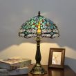 Tiffany style table lamp Blue Green Stained Glass Vintage Table Lamp 12X12X18 Inches Dragonfly Style Bedside Nightstand Desk Lamp for Living Room Bedroom with 2 LED Bulbs