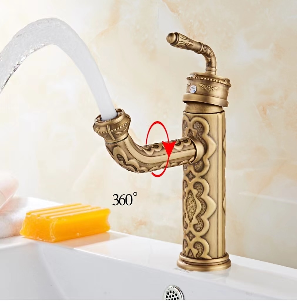 Vintage Bathroom Sink Mixer Faucet, 360 Swivel Spout Retro Monobloc Washroom Basin Taps, Antique Water Tap Single Handle One Hole Deck Mounted with Hot and Cold Hose 2025 - CAD $111.99 –P3