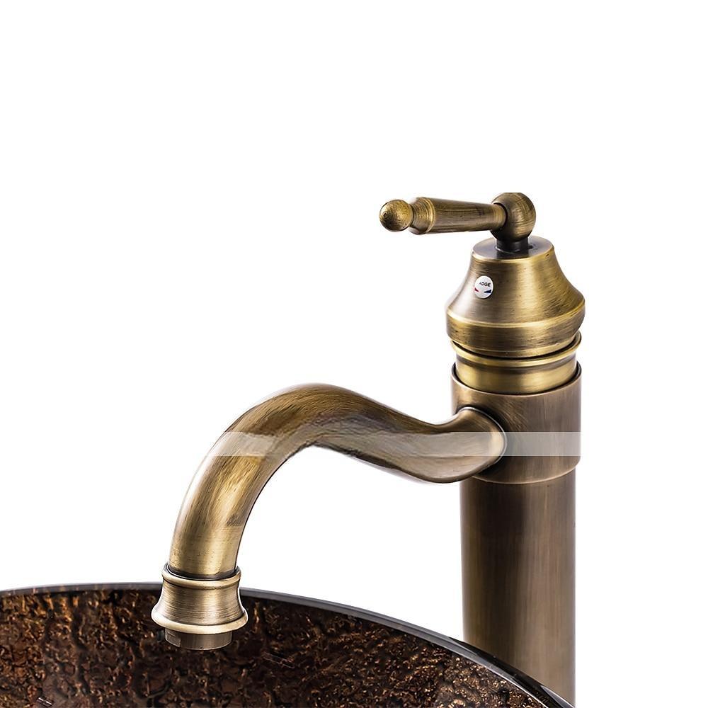 16.5 inch Bathroom Vessel Sink with Faucet Vintage Brass Antique Tempered Glass Basin with Pop-Up Drain Countertop Artistic Round Basin Bowl Set Above Counter Vanity Sink 2025 - CAD $398.99 –P7