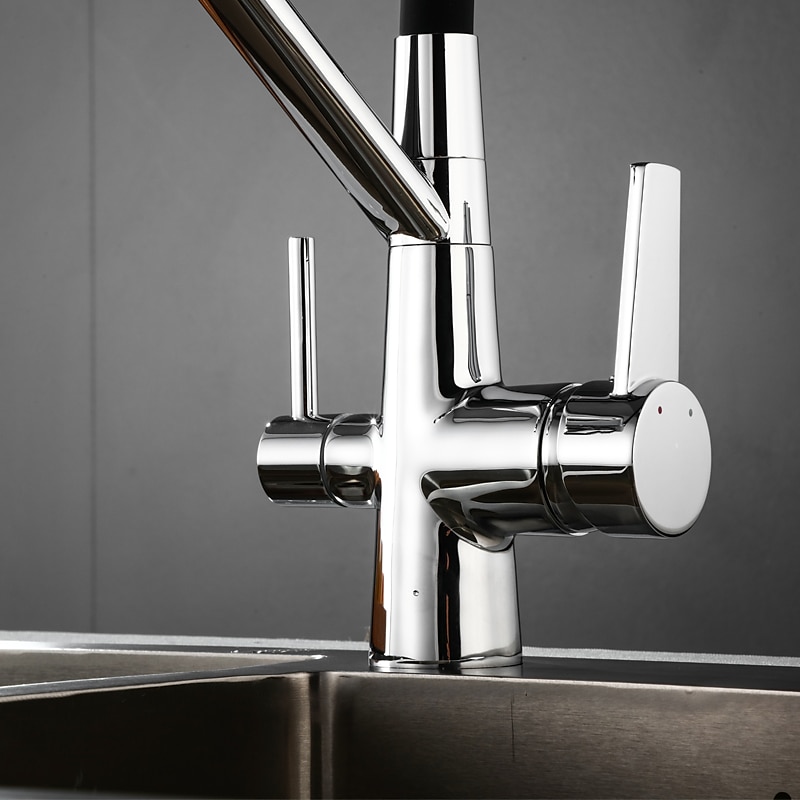 Kitchen Faucet Pull Down Spray Head Purified Water Dual Spout Taps Sink Mixer Deck Mounted  360 Rotating Twin Handle High Arc Flexible Tube Vessel Brass Tap 2025 - CAD $159.99 –P3