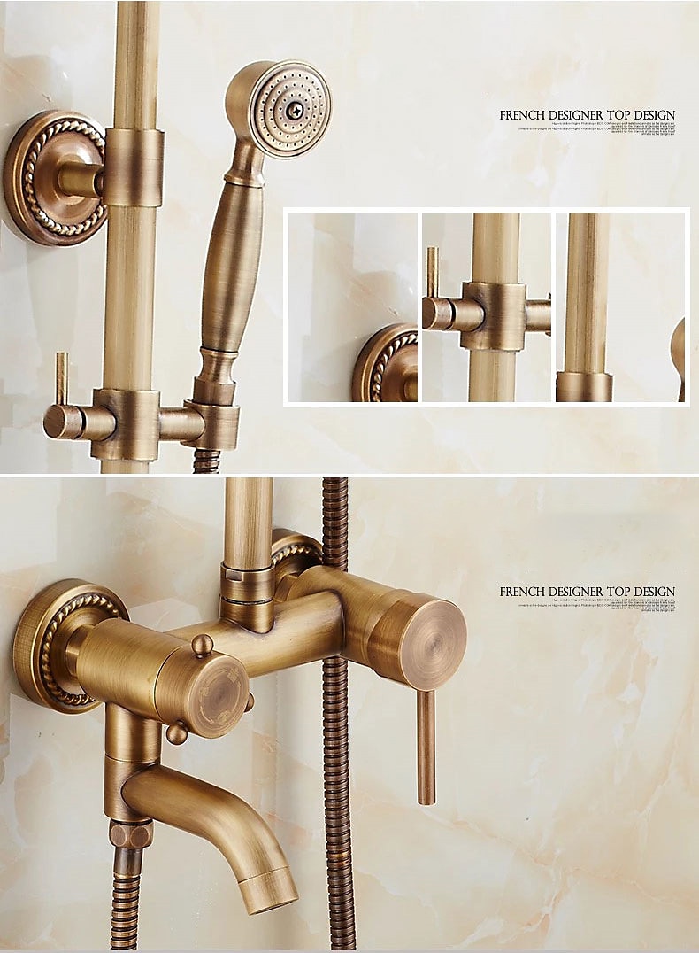 Shower System Faucet Set 8" Showerhead Golden Rainfall Vintage Style Combo Kit with Handheld Handshower Wall Mounted Country Antique Brass Mount Outside Ceramic Valve Bath Shower Mixer Taps 2025 - CAD $303.99 –P6