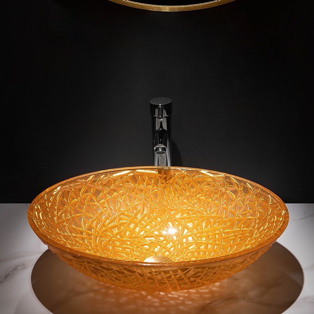 Modern Luxury Art Orange Oval Die Cast Glass Wash Basin With Faucet Basin Holder And Drain 2025 - CAD $398.99 –P10