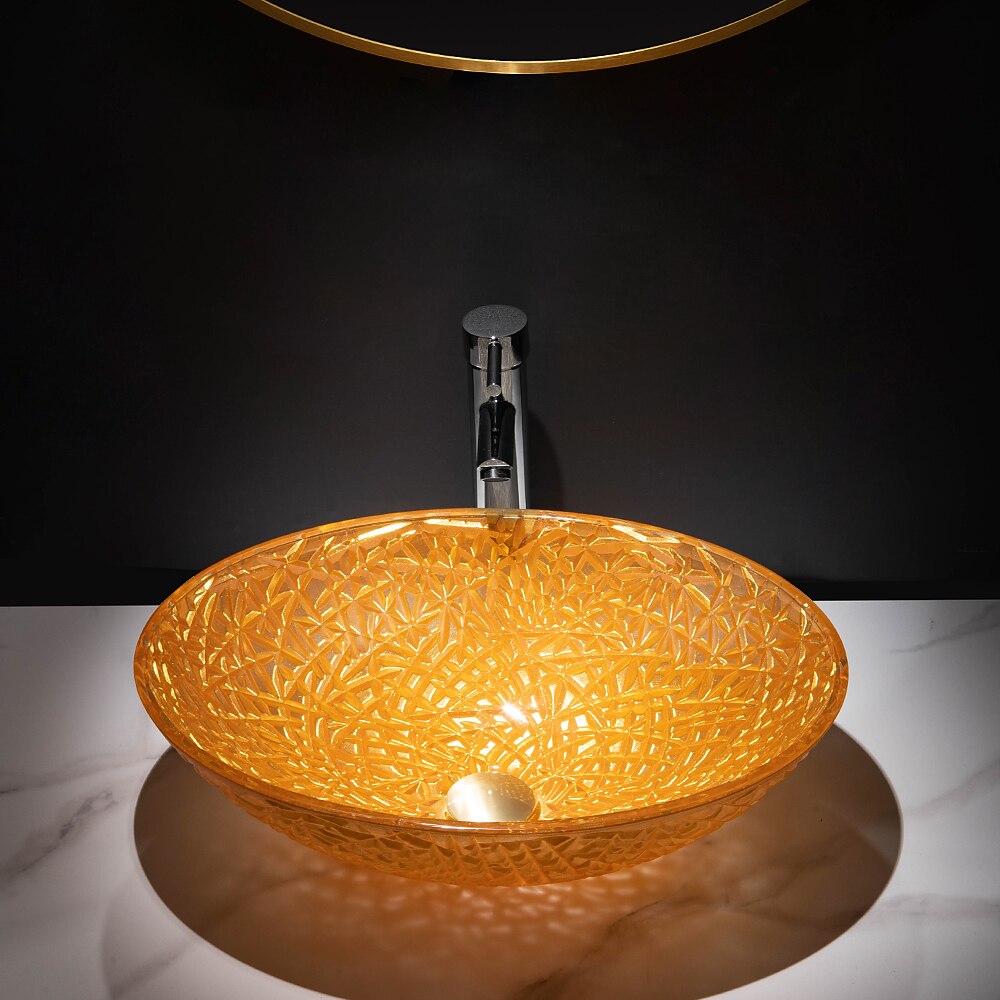 Modern Luxury Art Orange Oval Die Cast Glass Wash Basin With Faucet Basin Holder And Drain 2025 - CAD $398.99 –P8