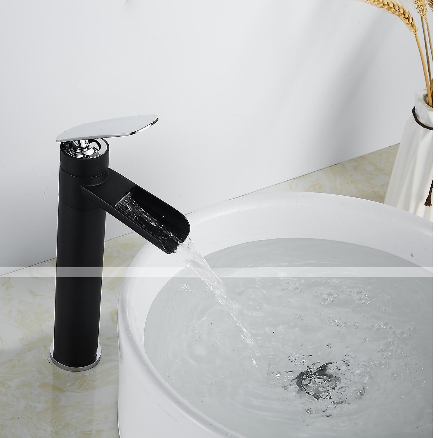 Waterfall Bathroom Sink Mixer Faucet Tall, Antique Brass Single Handle Basin Taps with Cold and Hot Hose 2025 - CAD $111.99 –P9