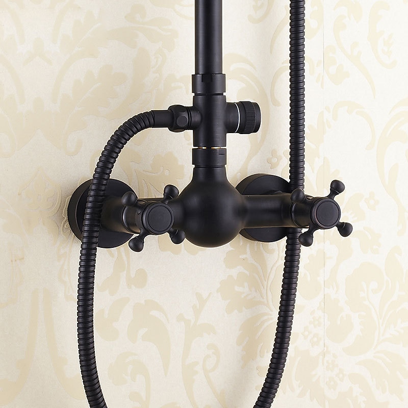 Antique Shower System Faucet Combo Set 8" Rainfall Shower Head Kit with Handshower Wall Mounted Brass Copper Black Electroplated Finish Vintage Style 2 Handles 3 Hole Bath Mixer Taps with Bodysprays 2025 - CAD $215.99 –P11