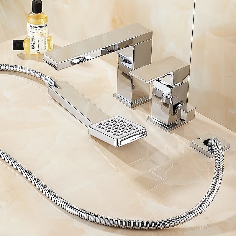 Bathtub Faucet - Contemporary Chrome Free Standing Ceramic Valve Bath Shower Mixer Taps / Three Handles Three Holes 2025 - CAD $223.99 –P2