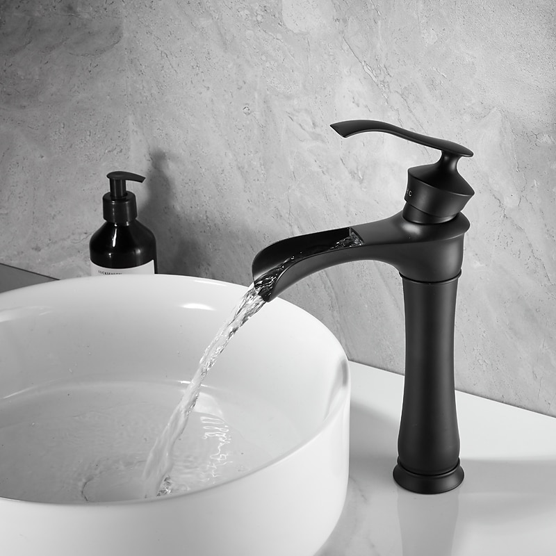 Waterfall Basin Sink Mixer Faucet Black, Tall Bathroom Taps Single Handle One Hole with Hot and Cold Hose Vessel Water Tap Deck Mounted 2025 - CAD $135.99 –P4