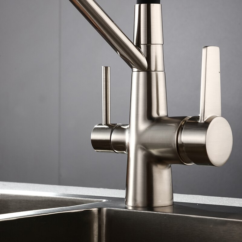 Kitchen Faucet Pull Down Spray Head Purified Water Dual Spout Taps Sink Mixer Deck Mounted  360 Rotating Twin Handle High Arc Flexible Tube Vessel Brass Tap 2025 - CAD $159.99 –P12
