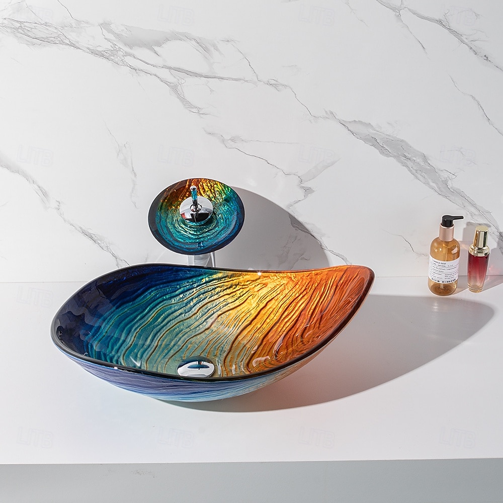 Modern simple clear light carving yuan treasure basin tempered glass wash basin with waterfall faucet basin support sink BWY19-193 2025 - CAD $446.99 –P1