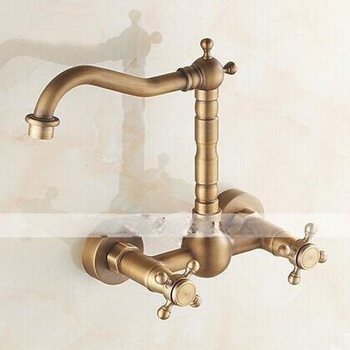 Vintage Kitchen Sink Mixer Faucet Wall Mounted 360 Swivel Spout Retro Style Brass 2 Handle 2 Hole Vessel Taps Traditional Kitchen Taps with Hot and Cold Water Hose 2025 - CAD $111.99 –P3
