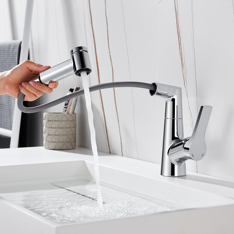 Bathroom Sink Faucet with Pull Out Spray,Brass Liftable 3-modes Electroplated / Painted Finishes Centerset Single Handle One Hole Lavatory Rotating Spout for Cold and Hot Water Bath Taps 2025 - CAD $159.99 –P3