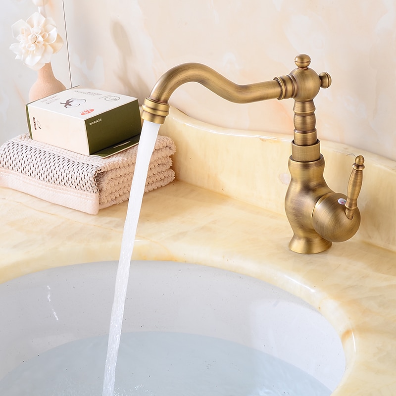 Antique Brass Bathroom Sink Faucet,Single Handle One Hole Traditional Bath Taps with Hot and Cold Water and Ceramic Valve 2025 - CAD $79.99 –P6