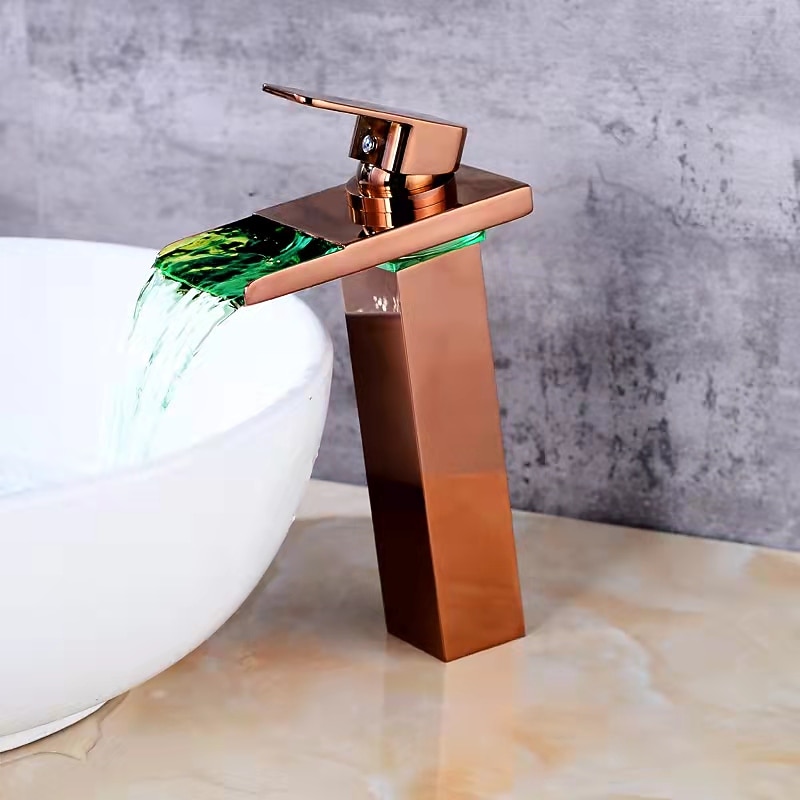 Bathroom Vessel Faucet Tall LED Waterfall Spout 3 Color Changes with Temperature, Sink Mixer Mono Basin Taps, Single Handle One Hole Brass Washroom Vessel Tap Deck Mounted 2025 - CAD $143.99 –P6