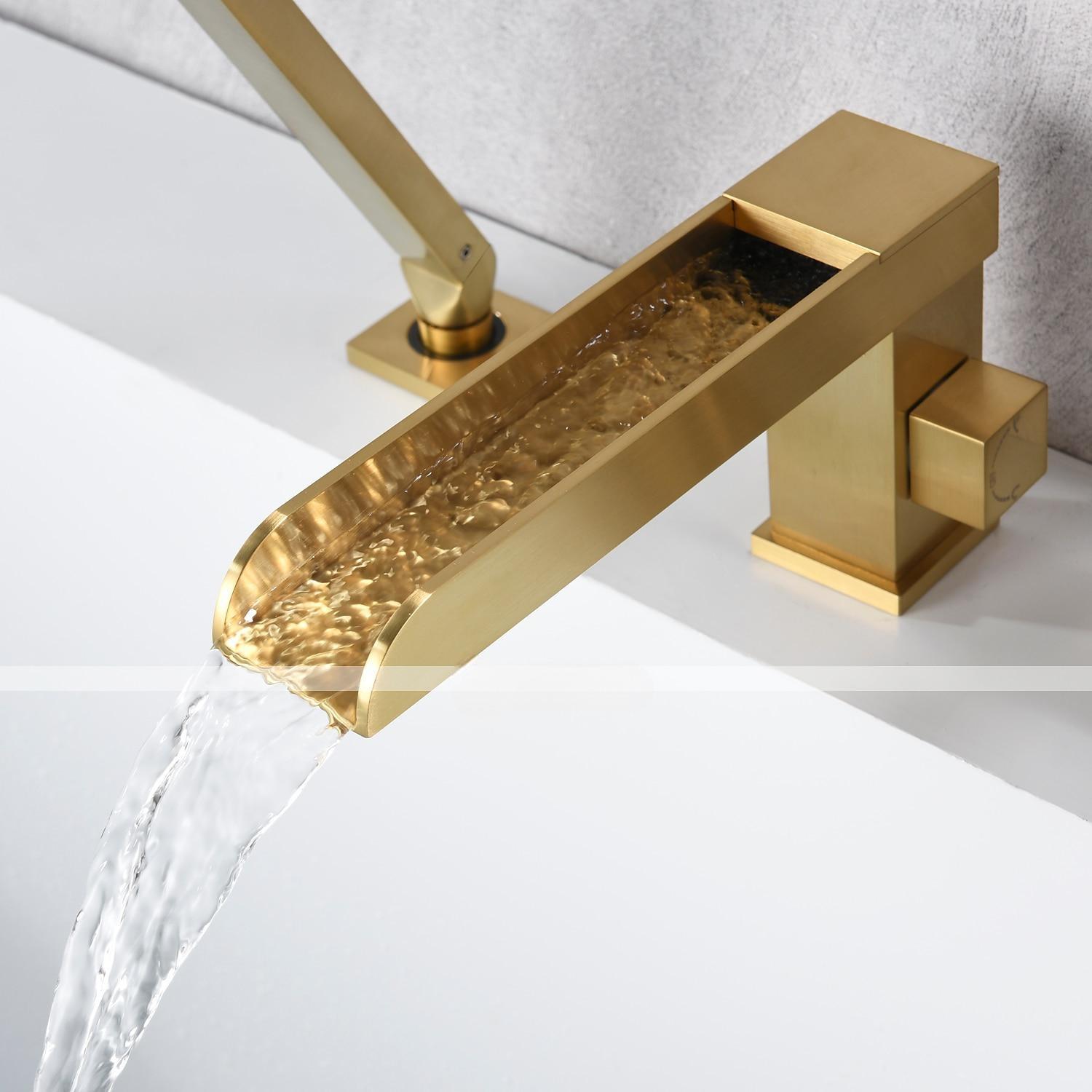 Bathtub Faucet Waterfall Long Spout Bath Tub Filler Mixer Taps Golden with Heldhand Shower 60 inch Hose 3 Hole 2 Handle Deck Mounted Widespread Bathroom 2025 - CAD $366.99 –P5