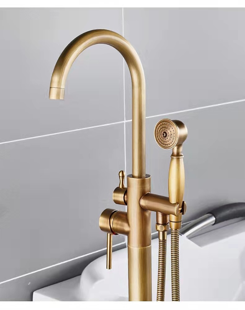 Vintage Bathtub Faucet Floor Mount Bath Tub Filler Mixer Tap Freestanding with Heldhand Showerhand 360 Swivel High Arc Spout Standing Shower Faucet 2025 - CAD $318.99 –P5