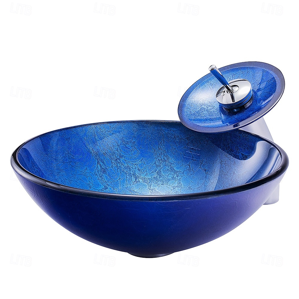 Blue Bathroom Sink Set with Matching Style Faucet Art Bathroom Tempered Glass Vessel Sink Round Wash Basin Bowl Above Counter Washbasin 2025 - CAD $366.99 –P6