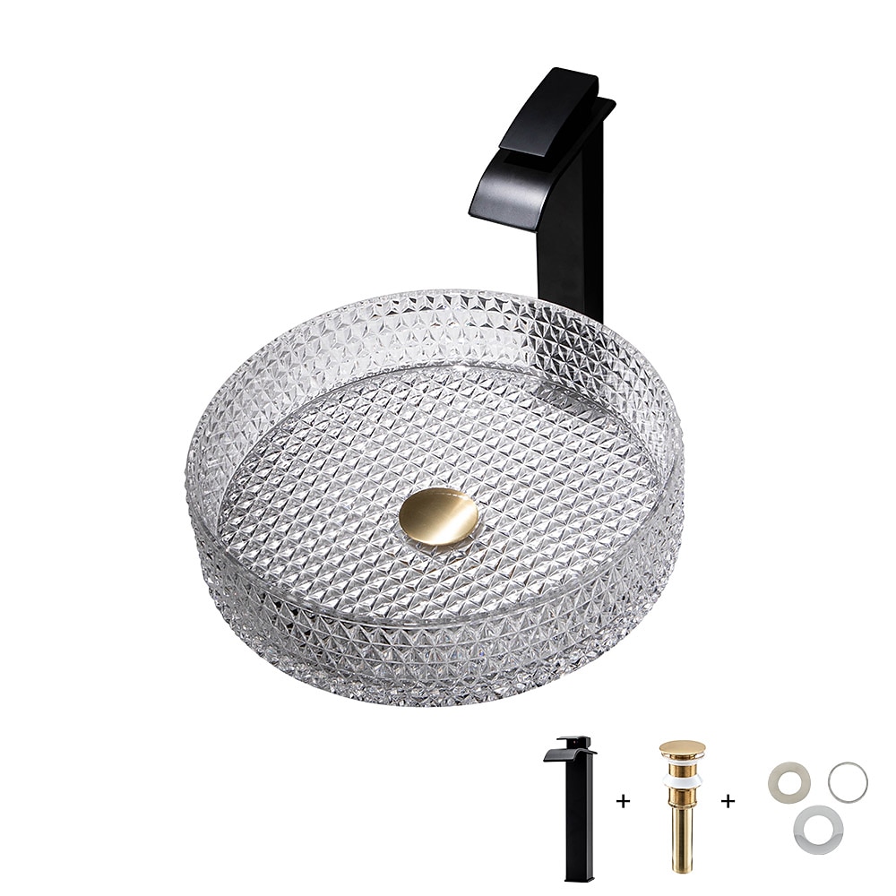 Bathroom Vessel Sink with Black Faucet Modern Clear Tempered Glass Basin with Pop-Up Drain Artistic Round Basin Bowl Set Above Counter Vanity Sink 2025 - CAD $478.99 –P13