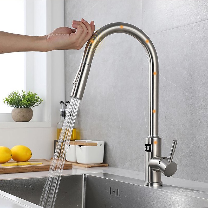 Touchless Sensor Kitchen Faucet Sink Mixer Tap Touch on with Pull Out 2 Mode Sprayer Digital Display 360 Swivel Single Handle Taps Stainless Steel Deck Mounted Water Vessel Taps 2025 - CAD $175.99 –P4