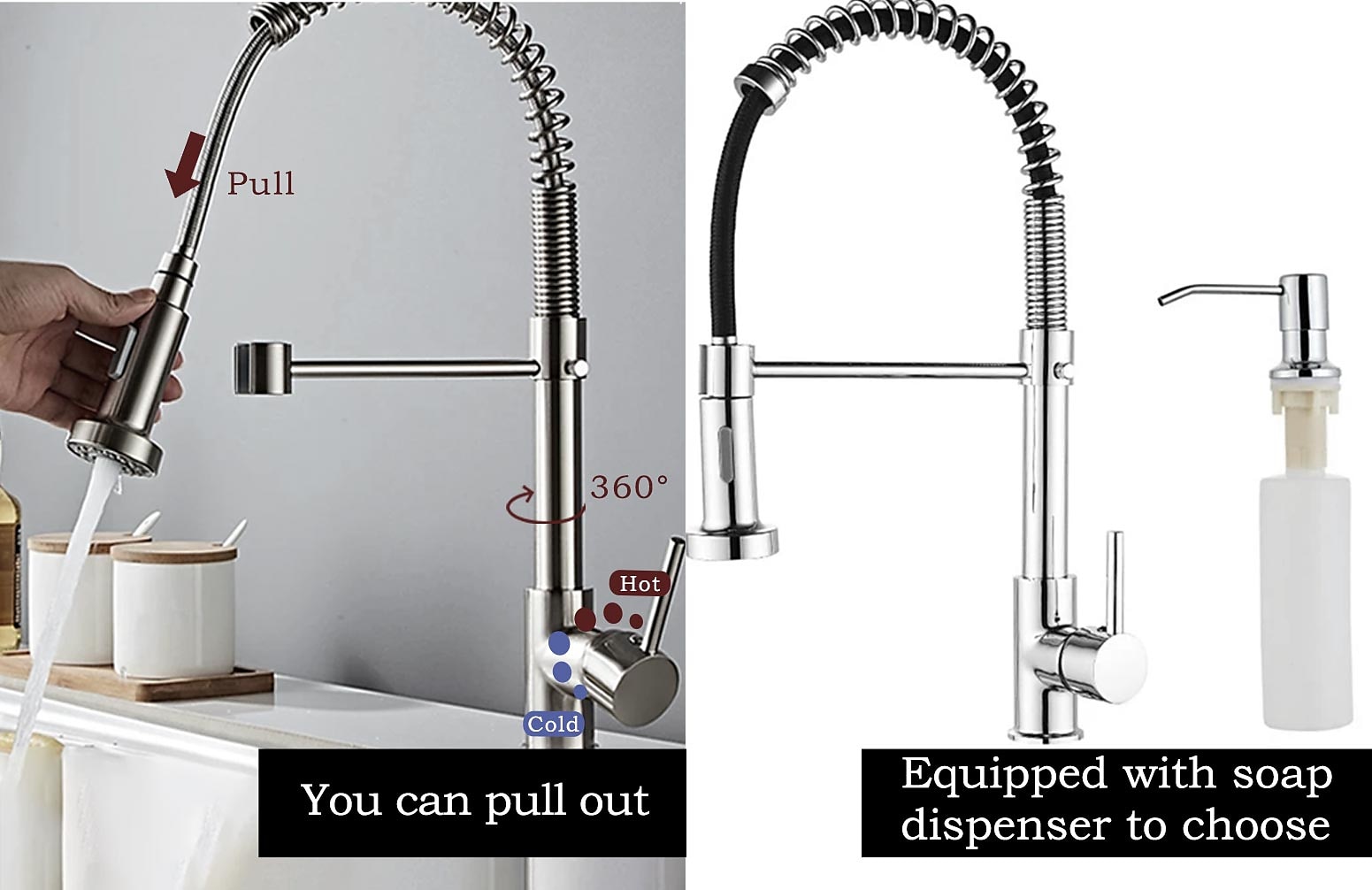 Kitchen Sink Mixer Faucet with Pull Down Sprayer 360 swivel High Arc Single Handle Spring Kitchen Taps Deck Mounted One Hole Brass Kitchen Sink Faucet Centerset Water Taps 2025 - CAD $103.99 –P2