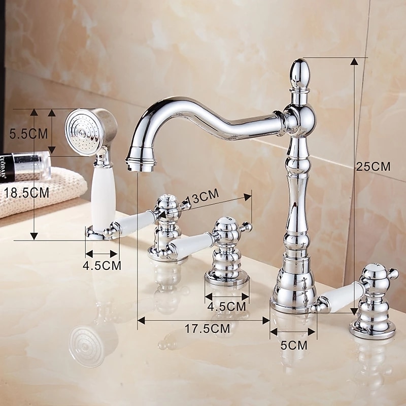 Bathtub Faucet - Contemporary Chrome Roman Tub Ceramic Valve Bath Shower Mixer Taps / Three Handles Two Holes 2025 - CAD $191.99 –P9