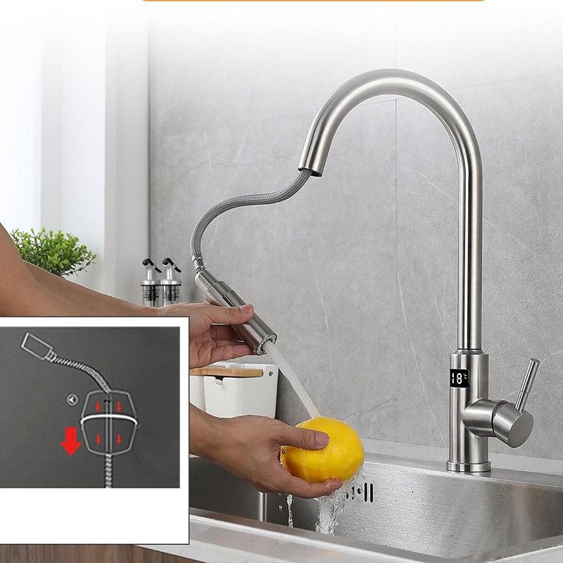 Touchless Sensor Kitchen Faucet Sink Mixer Tap Touch on with Pull Out 2 Mode Sprayer Digital Display 360 Swivel Single Handle Taps Stainless Steel Deck Mounted Water Vessel Taps 2025 - CAD $175.99 –P6