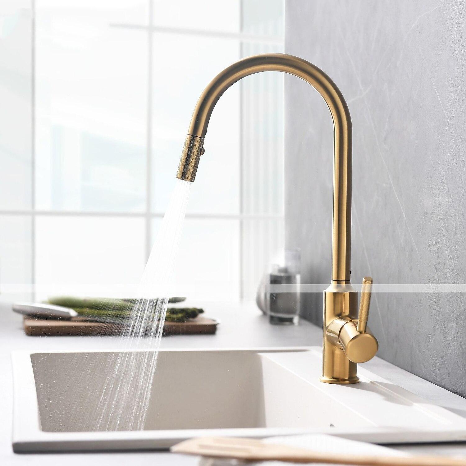 Kitchen Sink Mixer Faucet Pull Out 360 swivel Single Lever Handle Brushed Solid Brass Taps Cold Hot Hose One Hole with Pull Down Sprayer Black Gold Faucets 2025 - CAD $135.99 –P2
