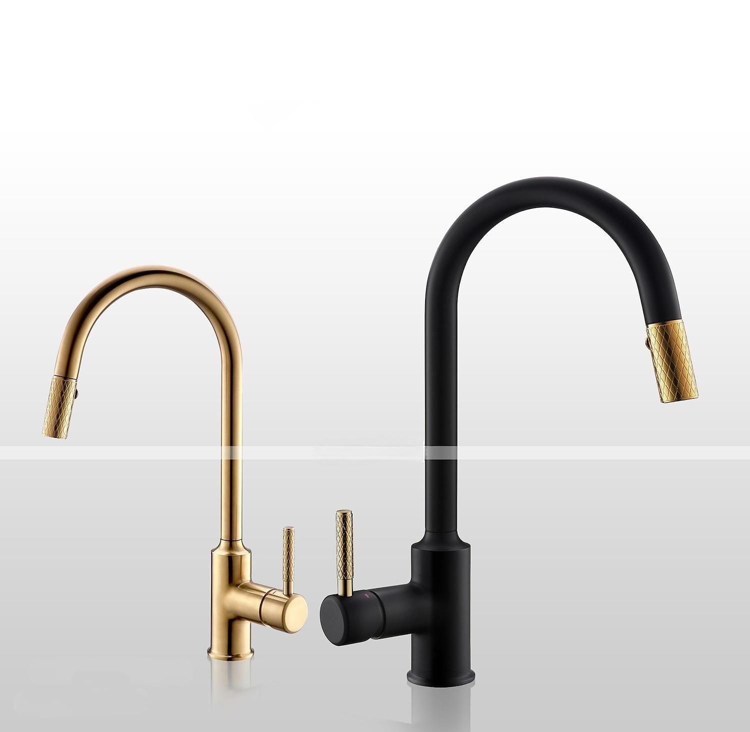 Kitchen Sink Mixer Faucet Pull Out 360 swivel Single Lever Handle Brushed Solid Brass Taps Cold Hot Hose One Hole with Pull Down Sprayer Black Gold Faucets 2025 - CAD $135.99 –P9