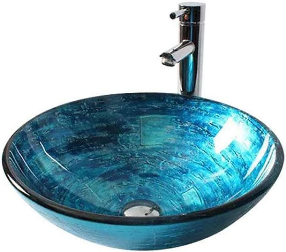 Round Artistic Vanity Basin Sink Bathroom Vessel Tempered Glass Bowl 16.5 inch Art Wash Basin Mixer Faucet Set with Pop-up Drain Boat Shape Countertop Above Counter Washroom 2025 - CAD $328.99 –P14