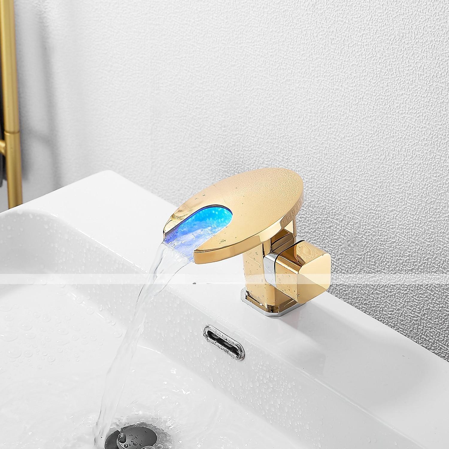 Bathroom Sink Faucet,LED Waterfall Temperature Controlled 3-Colors Electroplated Centerset Single Handle One Hole Bath Taps 2025 - CAD $95.99 –P4