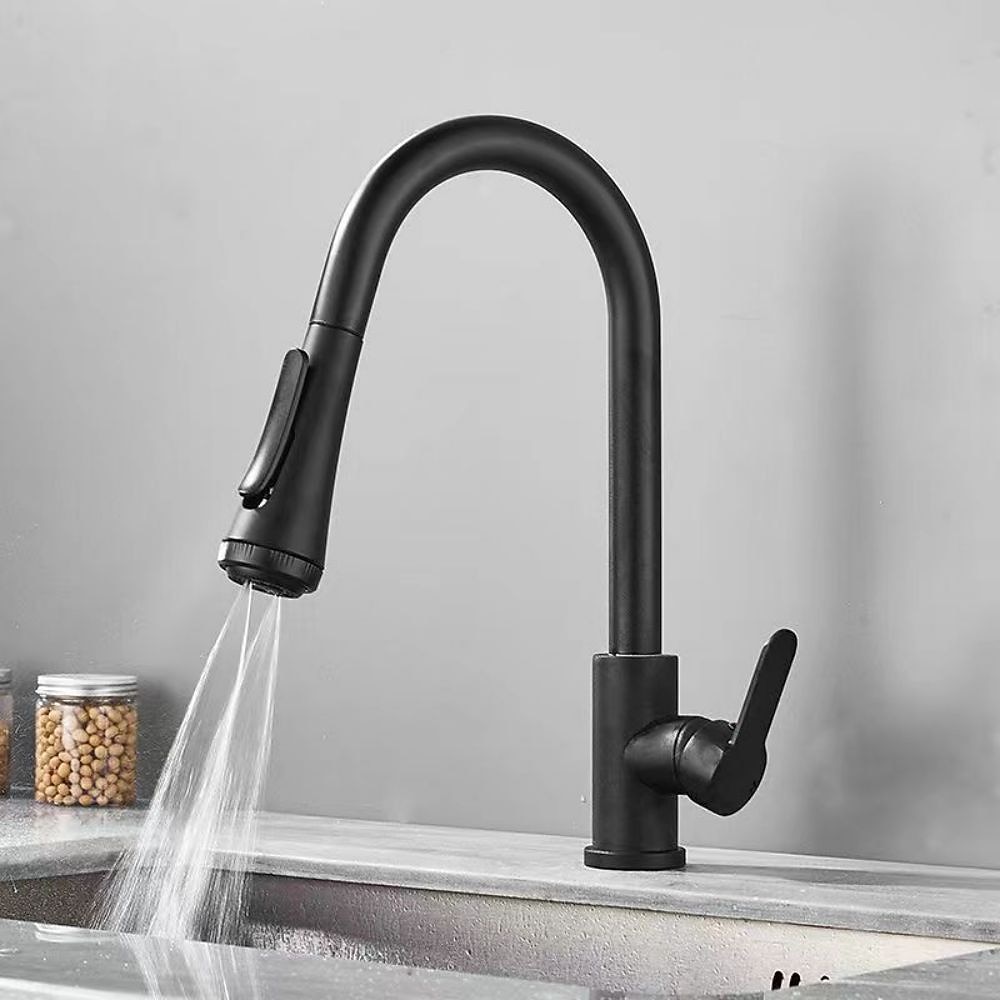 Kitchen Faucet with SprayerMatte Black Brass 4-Function Single Handle One Hole Button Design Pull-out / Pull-down Centerset Contemporary Kitchen Taps(with Soap Dispenser) 2025 - CAD $127.99 –P9