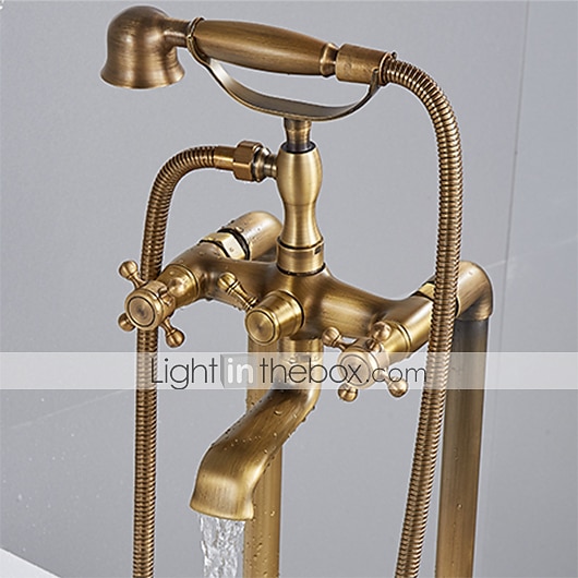 Bathtub Faucet Floor Mounted Brass Retro Style Telephone Shape Brass Electroplated Finish Two Handles Two Holes Shower Faucet with Handshower and Drain 2025 - CAD $446.99 –P2