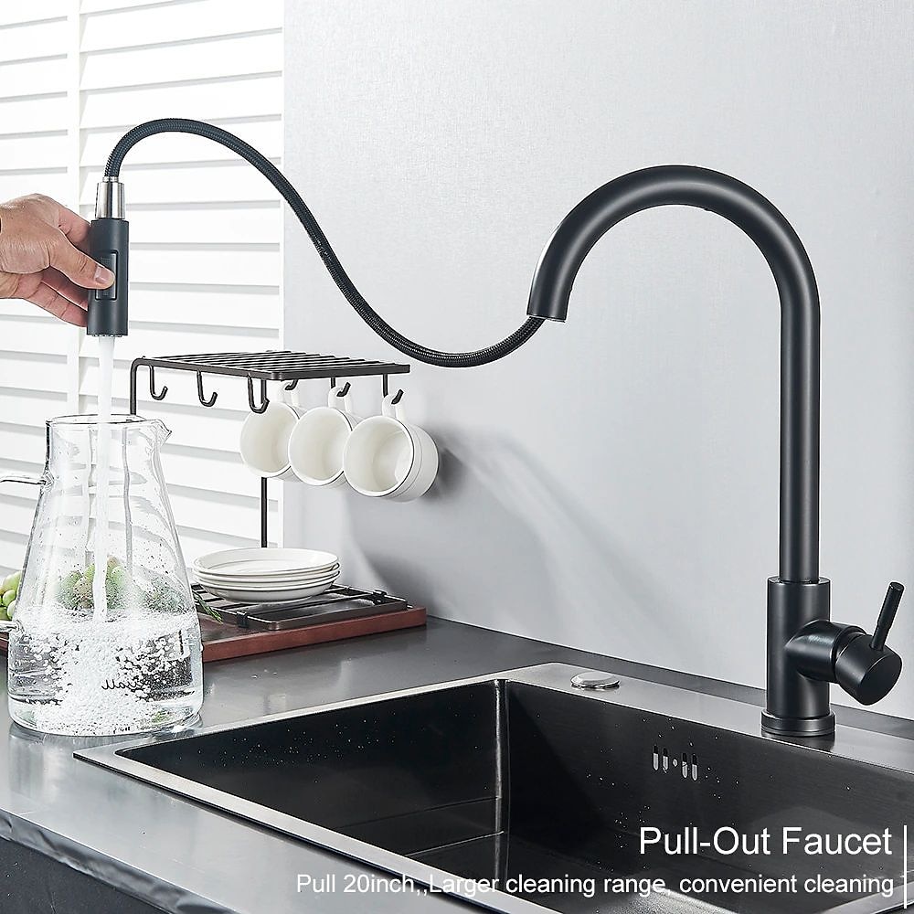 Kitchen Sink Mixer Faucet with Pull Out Sprayer Stainless Steel Rotatable Vessel Tap Rainfall/Waterfall Mode Spray Faucet Black&Silver Kitchen Faucet Tap with Soap Dispenser 2025 - CAD $111.99 –P6