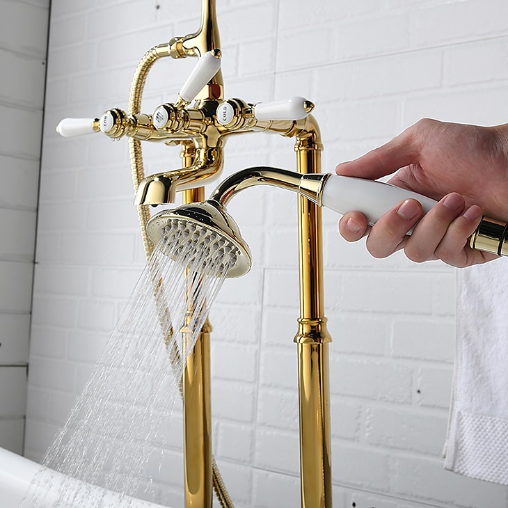 Bathtub Faucet - Retro Vintage Electroplated Free Standing Ceramic Valve Bath Shower Mixer Taps 2025 - CAD $637.99 –P5