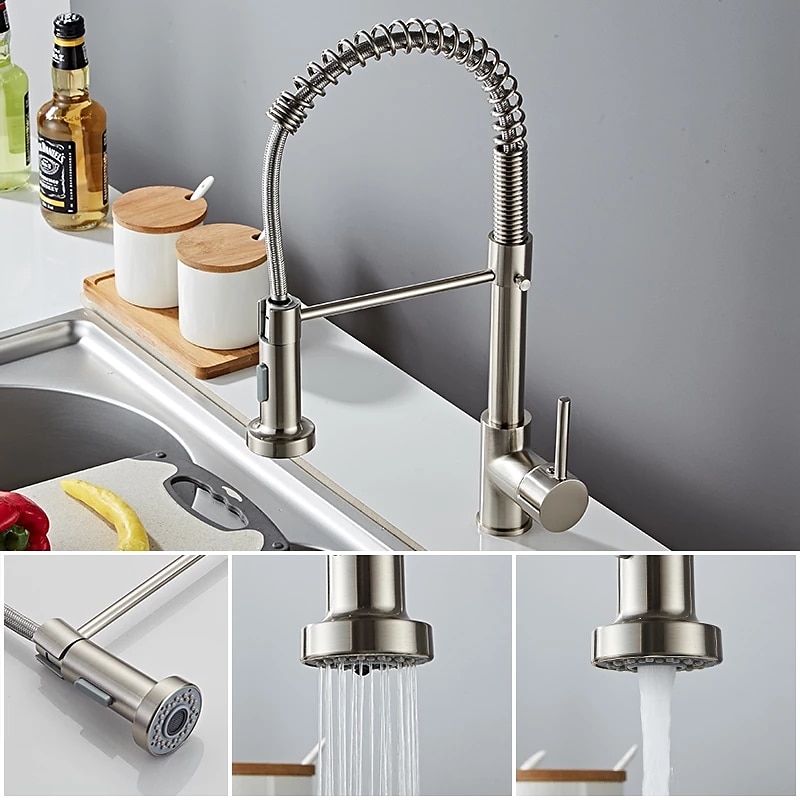 Kitchen Sink Mixer Faucet with Pull Down Sprayer 360 swivel High Arc Single Handle Spring Kitchen Taps Deck Mounted One Hole Brass Kitchen Sink Faucet Centerset Water Taps 2025 - CAD $103.99 –P5