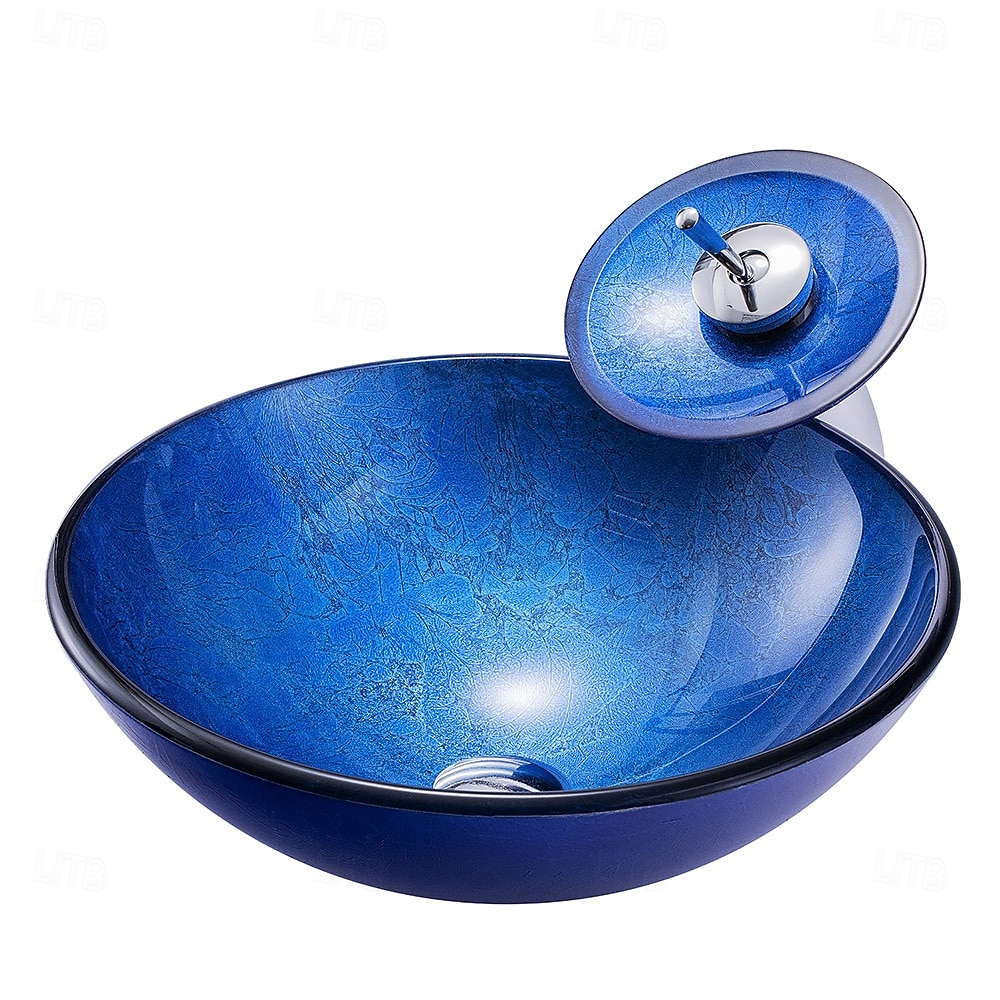 Blue Bathroom Sink Set with Matching Style Faucet Art Bathroom Tempered Glass Vessel Sink Round Wash Basin Bowl Above Counter Washbasin 2025 - CAD $366.99 –P1