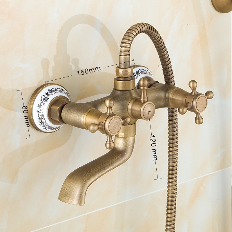 Traditional Shower System Faucet Set with Bathtub Spout with Heldhand Handshower Spray Vintage Brass Dual Spout Wall Mounted Ceramic Mixer Valve 2025 - CAD $151.97 –P9