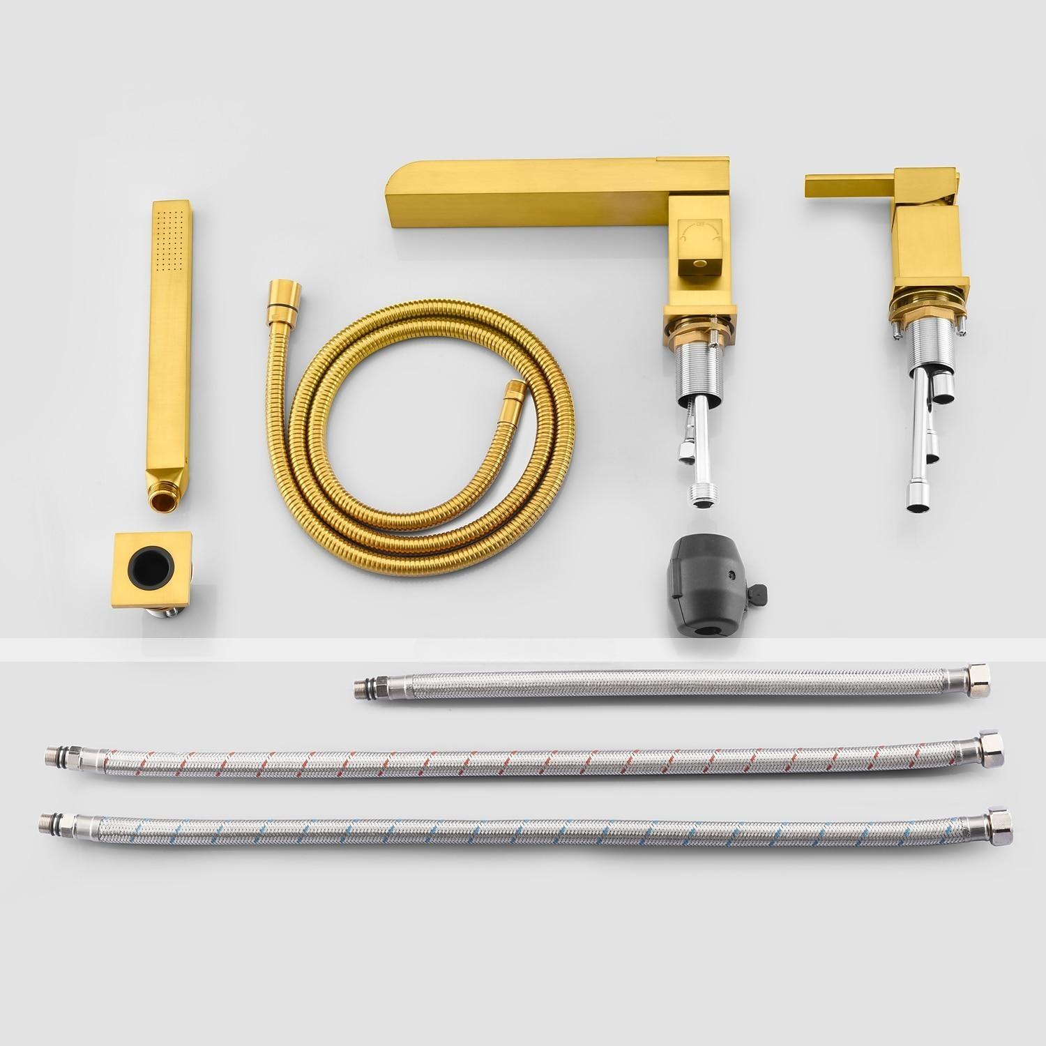 Bathtub Faucet Waterfall Long Spout Bath Tub Filler Mixer Taps Golden with Heldhand Shower 60 inch Hose 3 Hole 2 Handle Deck Mounted Widespread Bathroom 2025 - CAD $366.99 –P8