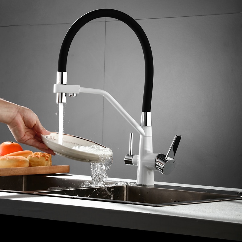 Kitchen Faucet Pull Down Spray Head Purified Water Dual Spout Taps Sink Mixer Deck Mounted  360 Rotating Twin Handle High Arc Flexible Tube Vessel Brass Tap 2025 - CAD $159.99 –P13