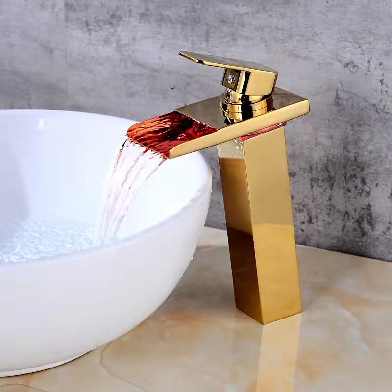 Bathroom Vessel Faucet Tall LED Waterfall Spout 3 Color Changes with Temperature, Sink Mixer Mono Basin Taps, Single Handle One Hole Brass Washroom Vessel Tap Deck Mounted 2025 - CAD $143.99 –P9