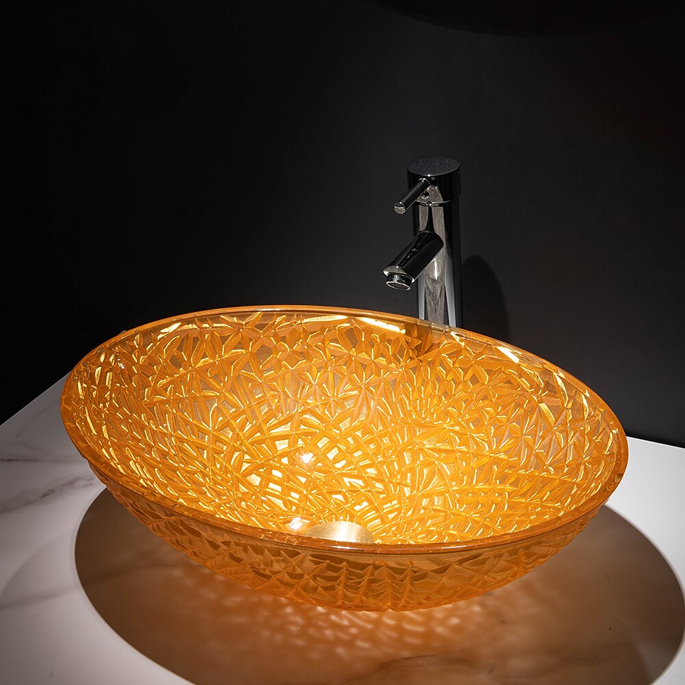 Modern Luxury Art Orange Oval Die Cast Glass Wash Basin With Faucet Basin Holder And Drain 2025 - CAD $398.99 –P2