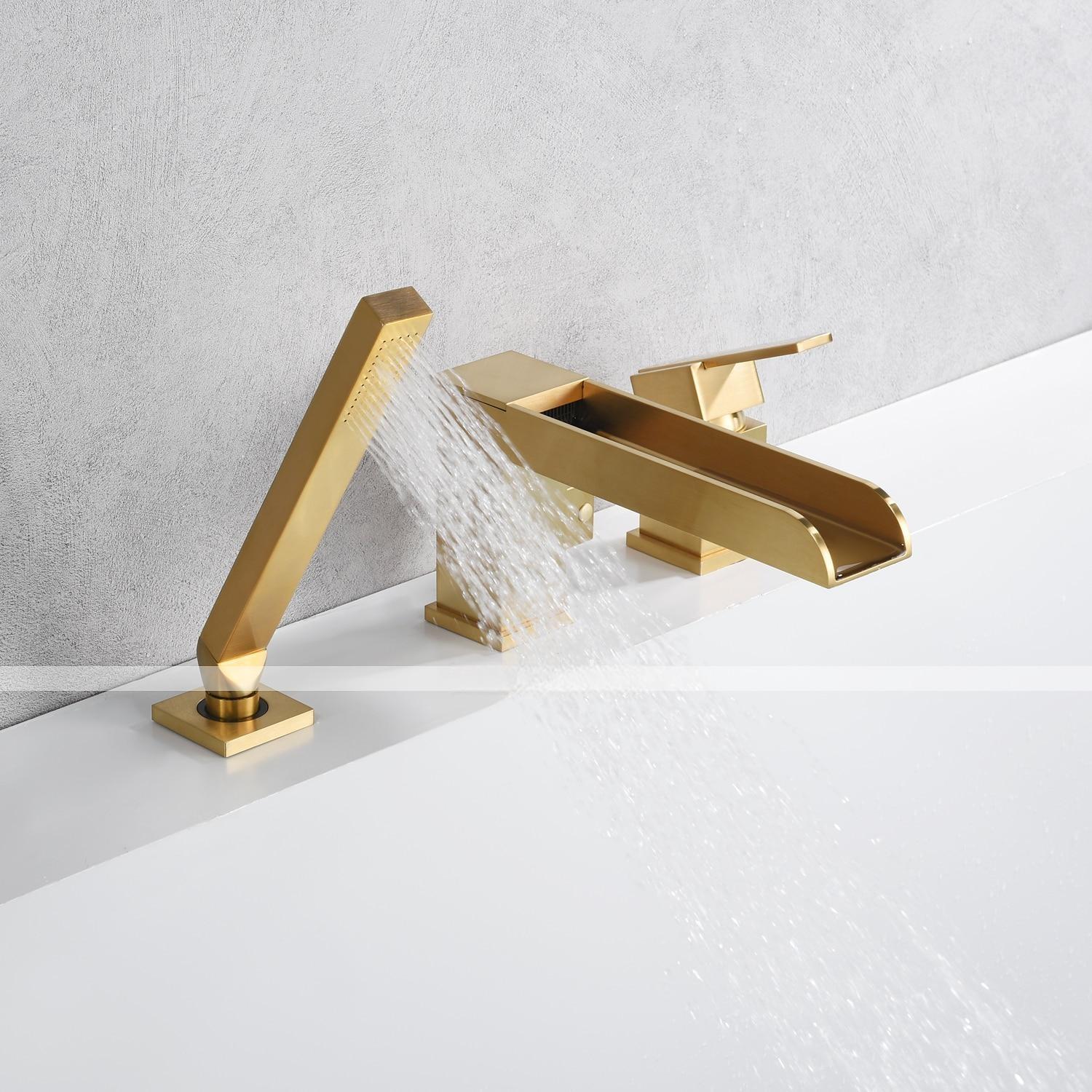 Bathtub Faucet Waterfall Long Spout Bath Tub Filler Mixer Taps Golden with Heldhand Shower 60 inch Hose 3 Hole 2 Handle Deck Mounted Widespread Bathroom 2025 - CAD $366.99 –P6